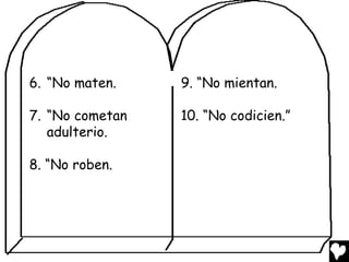 6. “No maten.    9. “No mientan.

7. “No cometan   10. “No codicien.”
   adulterio.

8. “No roben.
 
