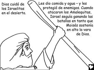 Dios cuidó de     Les dio comida y agua – y les
los Israelitas      protegió de enemigos. Cuando
en el desierto.        atacaron los Amalequitas,
                         Israel seguía ganando las
                             batallas en tanto que
                                  Moisés sostenía
                                   en alto la vara
                                         de Dios.
 