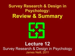 Lecture 12 Survey Research & Design in Psychology James Neill,  2011 Survey Research & Design in Psychology: Review & Summary 