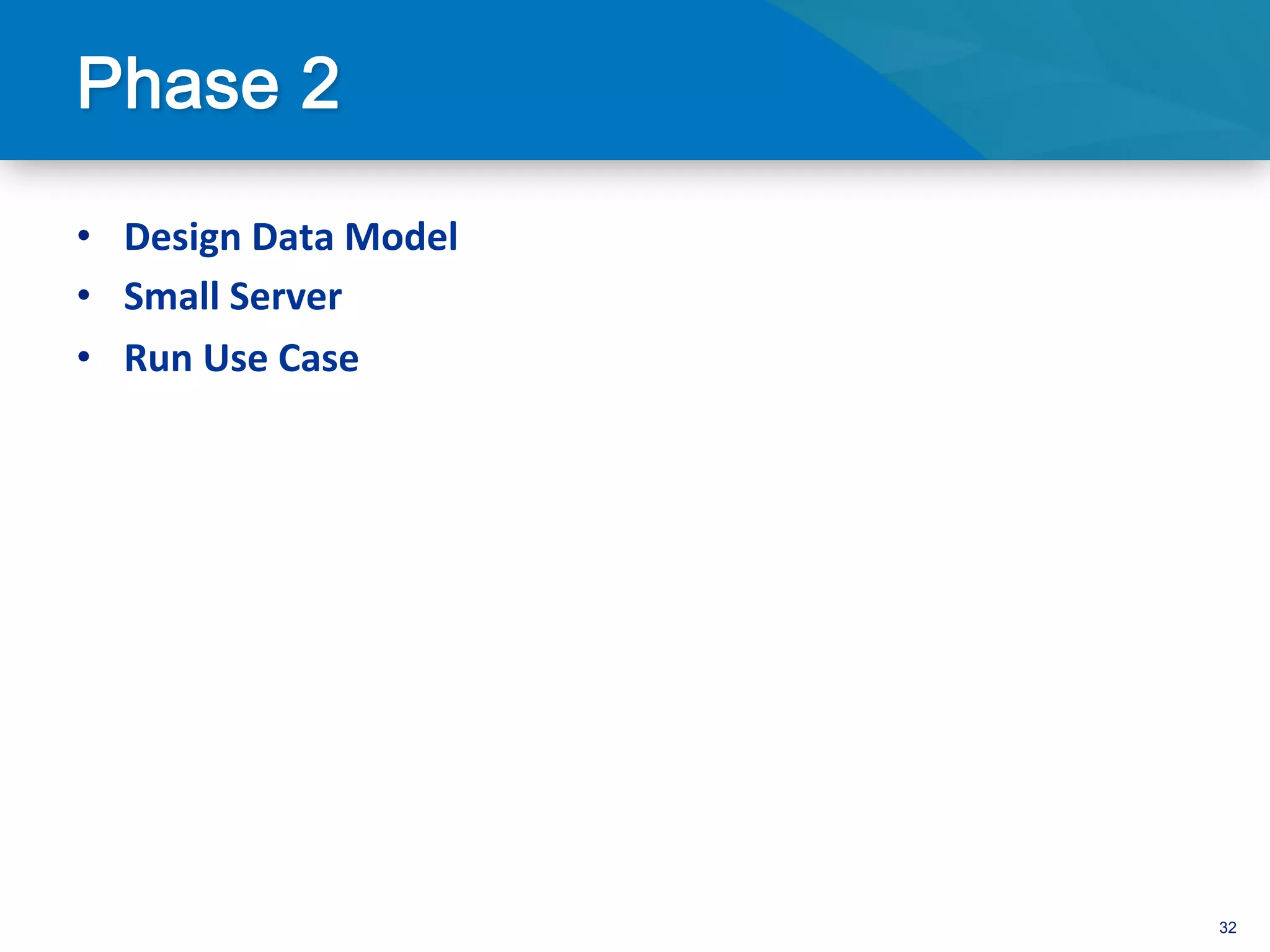 •  Design	
  Data	
  Model	
  
•  Small	
  Server	
  
•  Run	
  Use	
  Case	
  	
  




                                 32
 