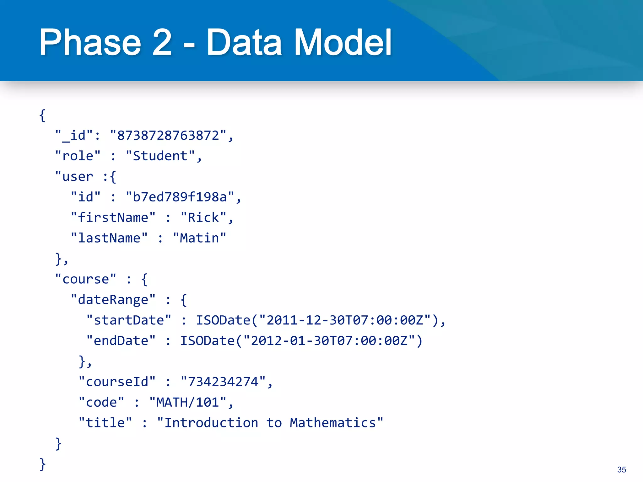 {	
  
	
  	
  "_id":	
  "8738728763872",	
  
	
  	
  "role"	
  :	
  "Student",	
  
	
  	
  "user	
  :{	
  
	
  	
  	
  	
  "id"	
  :	
  "b7ed789f198a",	
  
	
  	
  	
  	
  "firstName"	
  :	
  "Rick",	
  
	
  	
  	
  	
  "lastName"	
  :	
  "Matin"	
  
	
  	
  },	
  	
  
	
  	
  "course"	
  :	
  {	
  
	
  	
  	
  	
  "dateRange"	
  :	
  {	
  
	
  	
  	
  	
  	
  	
  "startDate"	
  :	
  ISODate("2011-­‐12-­‐30T07:00:00Z"),	
  
	
  	
  	
  	
  	
  	
  "endDate"	
  :	
  ISODate("2012-­‐01-­‐30T07:00:00Z")	
  
	
  	
  	
  	
  	
  },	
  
	
  	
  	
  	
  	
  "courseId"	
  :	
  "734234274",	
  	
  
	
  	
  	
  	
  	
  "code"	
  :	
  "MATH/101",	
  
	
  	
  	
  	
  	
  "title"	
  :	
  "Introduction	
  to	
  Mathematics"	
  
	
  	
  }	
  
}	
  	
                                                                                35
 