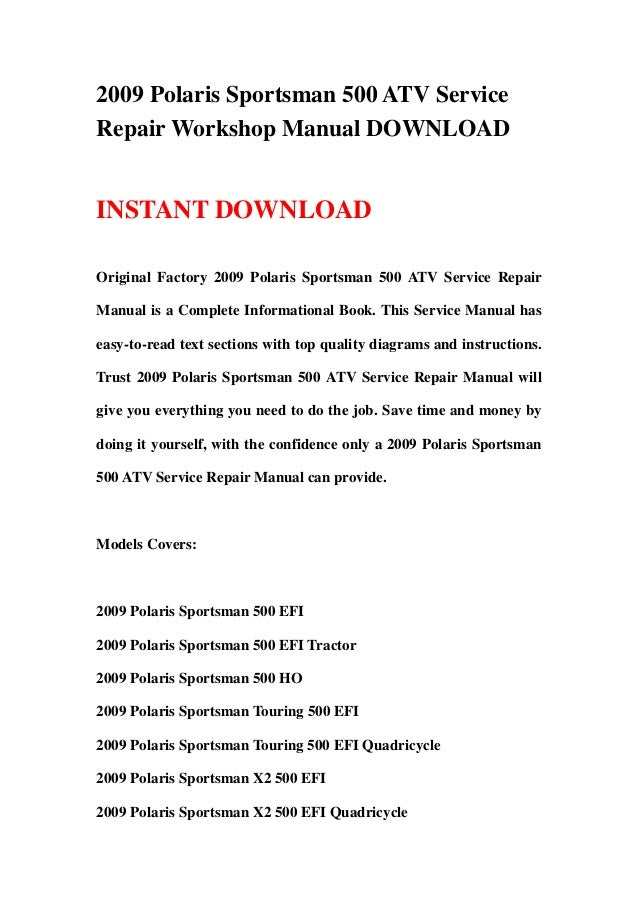 2009 polaris sportsman 500 atv service repair workshop manual