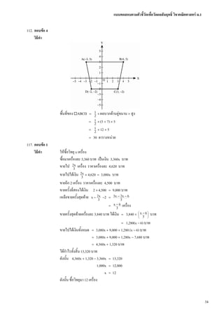 แบบทดสอบตามตัวชี้วัดเพื่อวัดผลสัมฤทธิ์ วิชาคณิตศาสตร ม.1


112. ตอบขอ 4
     วิธีทํา




                พื้นที่ของ ABCD     =    1 × ผลบวกดานคูขนาน × สูง
                                         2
                                    =    1 × (5 + 7) × 5
                                         2
                                    =    1 × 12 × 5
                                         2
                                    =   30 ตารางหนวย
117. ตอบขอ 1
     วิธีทํา    ใหซื้อวิทยุ x เครือง
                                   ่
                ซื้อมาเครื่องละ 3,360 บาท เปนเงิน 3,360x บาท
                ขายไป 2x เครื่อง ราคาเครื่องละ 4,620 บาท
                           3
                ขายไปไดเงิน 2x × 4,620 = 3,080x บาท
                                 3
                ขายอีก 2 เครื่อง ราคาเครื่องละ 4,500 บาท
                ขายครั้งที่สองไดเงิน 2 × 4,500 = 9,000 บาท
                เหลือขายครั้งสุดทาย x − 2x −2 = 3x − 2x − 6
                                            3              3
                                                  =  x − 6 เครื่อง
                                                        3
                ขายครั้งสุดทายเครื่องละ 3,840 บาท ไดเงิน = 3,840 × ⎛ x − 6 ⎞ บาท
                                                                     ⎜
                                                                         3 ⎟
                                                                      ⎝     ⎠
                                                          =    1,280(x − 6) บาท
                ขายไปไดเงินทั้งหมด = 3,080x + 9,000 + 1,280 (x − 6) บาท
                                         = 3,080x + 9,000 + 1,280x − 7,680 บาท
                                         = 4,360x + 1,320 บาท
                ไดกาไรทั้งสิ้น 13,320 บาท
                    ํ
                ดังนั้น 4,360x + 1,320 − 3,360x = 13,320
                                              1,000x = 12,000
                                                   x = 12
                ดังนั้น ซื้อวิทยุมา 12 เครื่อง



                                                                                                                 34
 