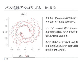 パス追跡アルゴリズム in R 1
α の推定値
fit <- svmpath(x, y, kernel.function=radial.kernel, param.kernel=sigma)

x …200×2 の2次元 y …200個のラベル(-1,1)

Svmpath
⇒ fit $ lambda : the value of the regularization parameter …C , 0~45の500弱個
⇒ fit $ alpha : αの値 …200×500弱


計算の高速化
system.time(fit <- svmpath(x,y,kernel.function=radial.kernel,param.kernel=sigma))
system.time(for (i in 1:length(C.list))
           ksvm(x,y,kernel="rbfdot",kpar=list(sigma=sigma),C=C.list[i]))

僕のPCだと
           Cの数…414個 svmpath → 0.11秒 ksvm → 30.01秒でした

   18
 