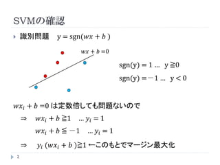 はじめに




かなり参考にさせて頂きました
http://sora-blue.net/~shogo82148/memo/algorithm/svm/csvm.html
http://ibisml.org/archive/ibisml001/karasuyama.pdf
                                           問題があれば削除します




 2
 