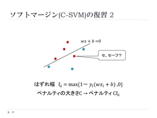 ソフトマージン(C-SVM)の復習 1

       線形分離可能ではない場合、以下の式を満たす (w , b) は存
        在しない
         𝑦 𝑖 (𝑤𝑥 𝑖 + 𝑏 ) ≧ 1

                      そこで、
                             𝑦 𝑖 (𝑤𝑥 𝑖 + 𝑏 ) < 1

                      となる場合もペナルティ付きで認
                      めるというのがソフトマージン
          線形分離不可能


    4
 