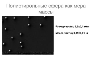 Полистирольные сфера как мера
массы
Размер частиц 7,0±0,1 мкм
Масса частиц 0,19±0,01 нг
 