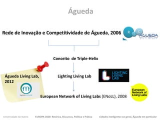 Universidade de Aveiro EUROPA 2020: Retórica, Discursos, Política e Prática Cidades inteligentes no geral, Águeda em particular
Águeda
Rede de Inovação e Competitividade de Águeda, 2006
Conceito de Triple-Helix
Lighting Living Lab
European Network of Living Labs (ENoLL), 2008
Águeda Living Lab,
2012
 