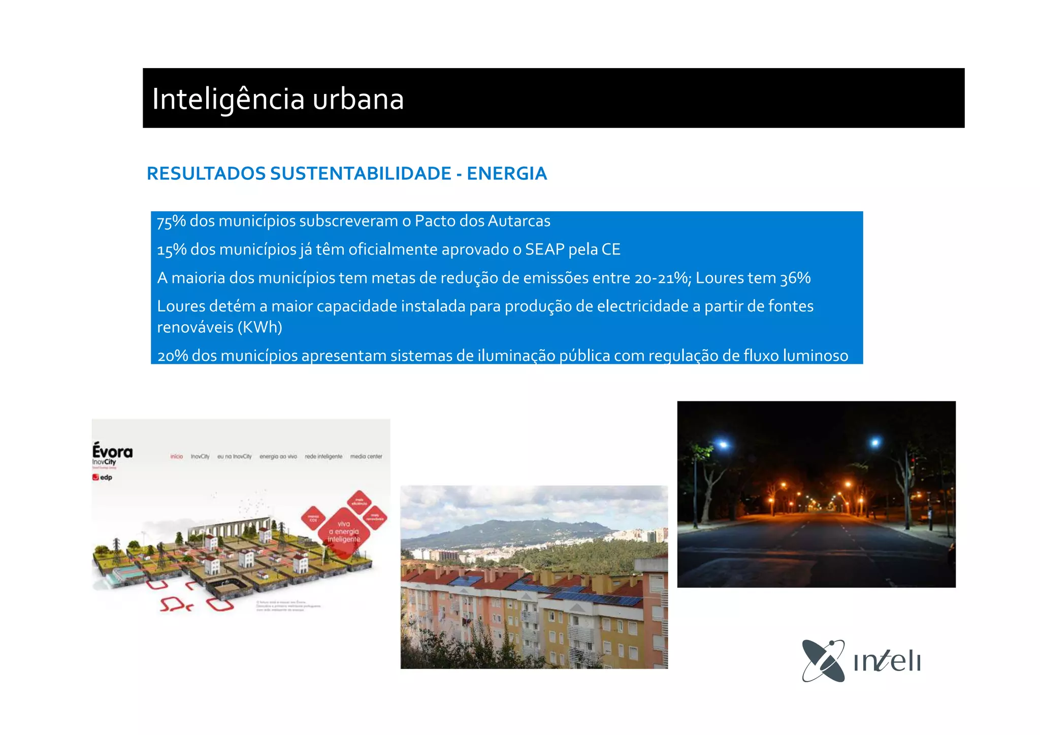 Inteligência urbana
RESULTADOS SUSTENTABILIDADE - ENERGIA
75% dos municípios subscreveram o Pacto dos Autarcas
15% dos municípios já têm oficialmente aprovado o SEAP pela CE
A maioria dos municípios tem metas de redução de emissões entre 20-21%; Loures tem 36%
Loures detém a maior capacidade instalada para produção de electricidade a partir de fontes
renováveis (KWh)
20% dos municípios apresentam sistemas de iluminação pública com regulação de fluxo luminoso
 
