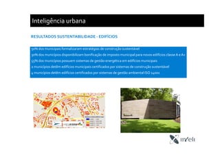 Inteligência urbana
RESULTADOS SUSTENTABILIDADE - EDIFÍCIOS
50% dos municipais formalizaram estratégias de construção sustentável
30% dos municípios disponibilizam bonificação de imposto municipal para novos edifícios classe A e A+
55% dos municípios possuem sistemas de gestão energética em edifícios municipais
2 municípios detêm edifícios municipais certificados por sistemas de construção sustentável
4 municípios detêm edifícios certificados por sistemas de gestão ambiental ISO 14001
 