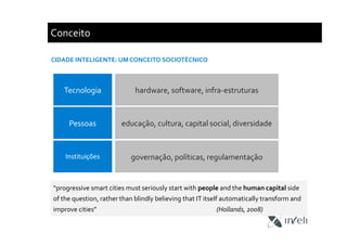 Conceito
“progressive smart cities must seriously start with people and the human capital side
of the question, rather than blindly believing that IT itself automatically transform and
improve cities” (Hollands, 2008)
CIDADE INTELIGENTE: UM CONCEITO SOCIOTÉCNICO
Tecnologia
Pessoas
Instituições
hardware, software, infra-estruturas
educação, cultura, capital social, diversidade
governação, políticas, regulamentação
 
