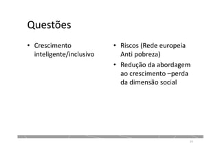 Questões
• Crescimento
inteligente/inclusivo
• Riscos (Rede europeia
Anti pobreza)
• Redução da abordagem
ao crescimento –perda
da dimensão social
14
 