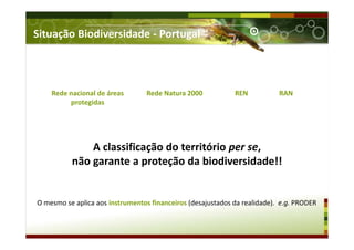A classificação do território per se,
não garante a proteção da biodiversidade!!
Situação Biodiversidade - Portugal
Rede nacional de áreas
protegidas
Rede Natura 2000 REN RAN
O mesmo se aplica aos instrumentos financeiros (desajustados da realidade). e.g. PRODER
 