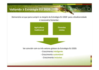 Voltando à Estratégia EU 2020…
Demonstra-se que para cumprir os targets da Estratégia EU 2020 para a biodiversidade
é necessário fomentar:
Agricultura
tradicional
Florestas
mistas
Vai coincidir com os três vetores globais da Estratégia EU 2020:
- Crescimento inteligente
- Crescimento sustentável
- Crescimento inclusivo
 