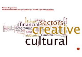 Nuvem de palavras
Termos encontrados nos parágrafos que contêm a palavra «criativo»
 