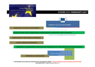 FUTURO SERÁ ‘COMMUNITY-LED’?

COMMUNITY-LED LOCAL DEVELOPMENT
ACÇÕES DE BASE LOCAL, MOBILIZANDO COMUNIDADES EM PARCERIAS COM AUTARQUIAS
INVESTIMENTOS TERRITORIAIS INTEGRADOS
ACÇÕES URBANAS INOVADORAS
MOBILIZAR O CONHECIMENTO PARA RESOLVER PROBLEMAS OU TIRAR PARTIDO DE POTENCIALIDADES

EXPERIÊNCIAS INSPIRADORAS

A PARTICIPAÇÃO DOS ACTORES NAS PARCERIAS PARA A REGENERAÇÃO URBANA - O CASO DO PARQUE DA SUSTENTABILIDADE (PDS) EM AVEIRO
JOSÉ CARLOS MOTA – DCSPT-UA (JCMOTA@UA.PT)

 