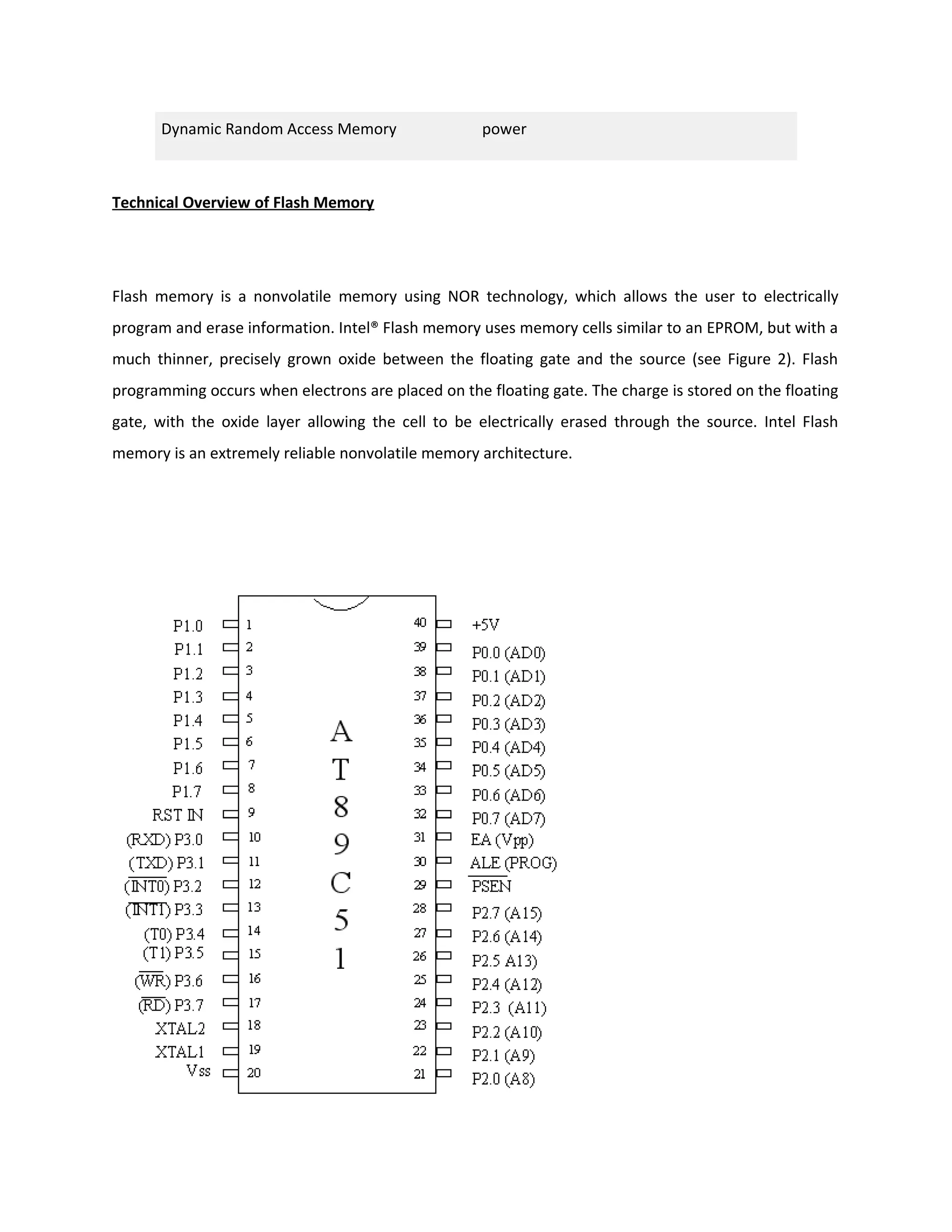 Dynamic Random Access Memory power
Technical Overview of Flash Memory
Flash memory is a nonvolatile memory using NOR technology, which allows the user to electrically
program and erase information. Intel® Flash memory uses memory cells similar to an EPROM, but with a
much thinner, precisely grown oxide between the floating gate and the source (see Figure 2). Flash
programming occurs when electrons are placed on the floating gate. The charge is stored on the floating
gate, with the oxide layer allowing the cell to be electrically erased through the source. Intel Flash
memory is an extremely reliable nonvolatile memory architecture.
 