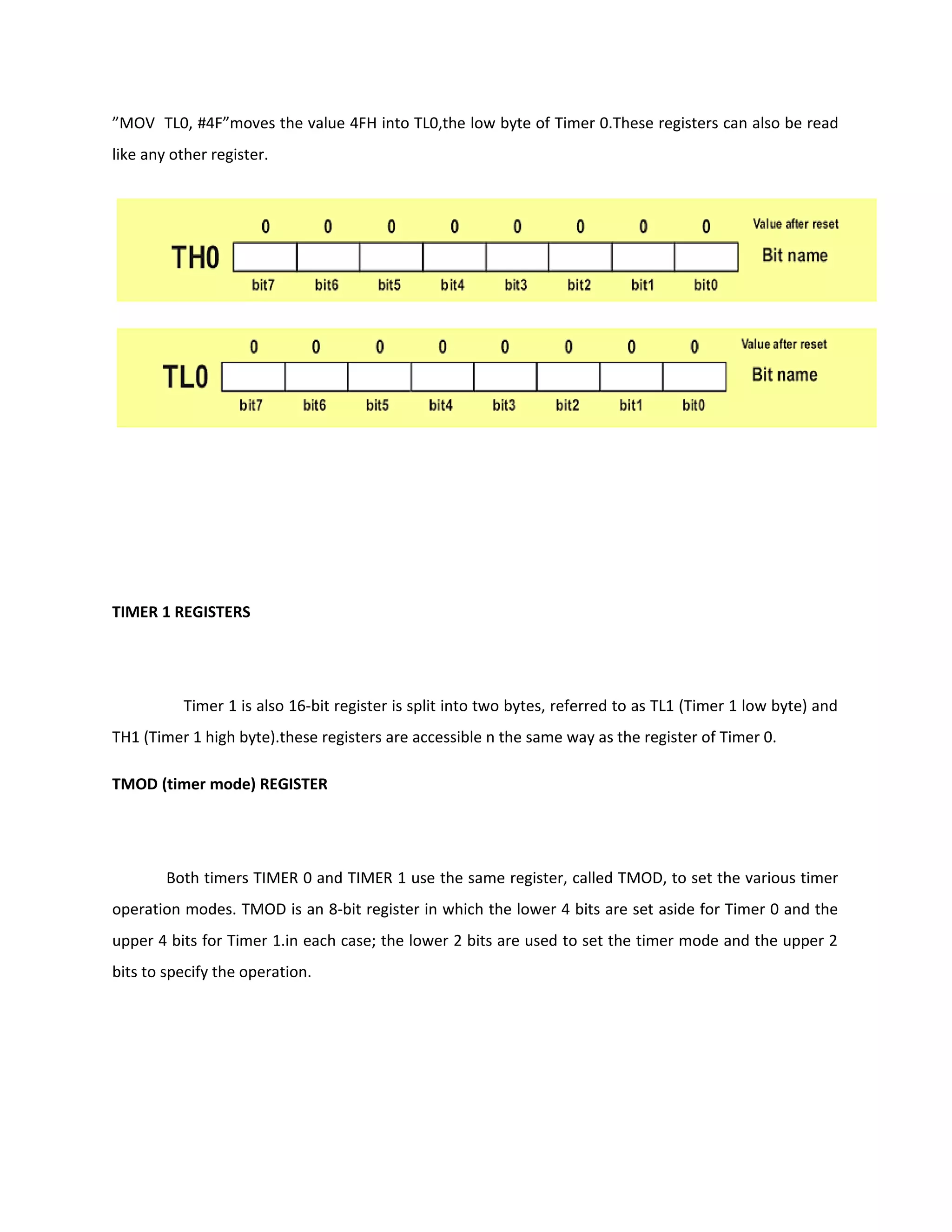 ”MOV TL0, #4F”moves the value 4FH into TL0,the low byte of Timer 0.These registers can also be read
like any other register.
TIMER 1 REGISTERS
Timer 1 is also 16-bit register is split into two bytes, referred to as TL1 (Timer 1 low byte) and
TH1 (Timer 1 high byte).these registers are accessible n the same way as the register of Timer 0.
TMOD (timer mode) REGISTER
Both timers TIMER 0 and TIMER 1 use the same register, called TMOD, to set the various timer
operation modes. TMOD is an 8-bit register in which the lower 4 bits are set aside for Timer 0 and the
upper 4 bits for Timer 1.in each case; the lower 2 bits are used to set the timer mode and the upper 2
bits to specify the operation.
 