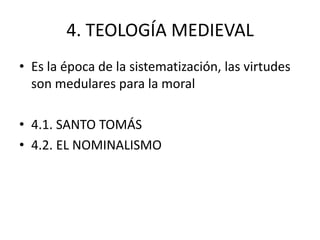 • No elaboran un tratado sistemático
asumen el pensamiento griego pero su
base sobre todo, es la Escritura
• Por encima de las virtudes humanas
están las teologales, que dan un nuevo
brillo a las humanas
• Parece que es S.Ambrosio el que
primero hablando de Cicerón habla de
las virtudes cardinales (del Edén salía un
río con 4 brazos)
 