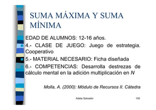 Adela Salvador 100
SUMA MÁXIMA Y SUMA
MÍNIMA
EDAD DE ALUMNOS: 12-16 años.
4.- CLASE DE JUEGO: Juego de estrategia.
Cooperativo
5.- MATERIAL NECESARIO: Ficha diseñada
6.- COMPETENCIAS: Desarrolla destrezas de
cálculo mental en la adición multiplicación en N
Molla, A. (2000): Módulo de Recursos II. Cátedra
 