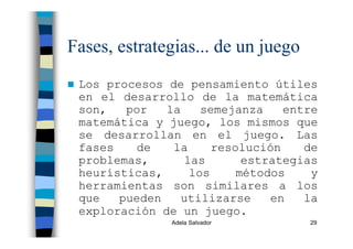 Adela Salvador 29
Fases, estrategias... de un juego
Los procesos de pensamiento útiles
en el desarrollo de la matemática
son, por la semejanza entre
matemática y juego, los mismos que
se desarrollan en el juego. Las
fases de la resolución de
problemas, las estrategias
heurísticas, los métodos y
herramientas son similares a los
que pueden utilizarse en la
exploración de un juego.
 