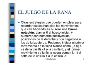 Adela Salvador 45
EL JUEGO DE LA RANA
Otras estrategias que pueden emplear para
recordar cuales han sido los movimientos
que van haciendo es buscar una buena
notación. Llamar 0 al hueco inicial, y
numerar con números positivos las
posiciones de la derecha y con negativos a
los de la izquierda. Podemos indicar el primer
movimiento de la ficha blanca como (-1,0) si
va de la casilla -1 a la casilla 0, y el primer
movimiento de la ficha negra como (1,-1) si
salta de la casilla 1 a la casilla -1.
 