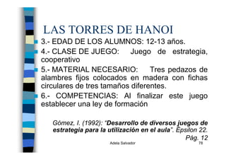 Adela Salvador 78
LAS TORRES DE HANOI
3.- EDAD DE LOS ALUMNOS: 12-13 años.
4.- CLASE DE JUEGO: Juego de estrategia,
cooperativo
5.- MATERIAL NECESARIO: Tres pedazos de
alambres fijos colocados en madera con fichas
circulares de tres tamaños diferentes.
6.- COMPETENCIAS: Al finalizar este juego
establecer una ley de formación
Gómez, I. (1992): “Desarrollo de diversos juegos de
estrategia para la utilización en el aula”. Épsilon 22.
Pág. 12
 
