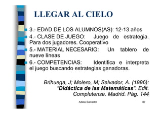 Adela Salvador 87
LLEGAR AL CIELO
3.- EDAD DE LOS ALUMNOS(AS): 12-13 años
4.- CLASE DE JUEGO: Juego de estrategia.
Para dos jugadores. Cooperativo
5.- MATERIAL NECESARIO: Un tablero de
nueve líneas
6.- COMPETENCIAS: Identifica e interpreta
el juego buscando estrategias ganadoras.
Brihuega, J; Molero, M; Salvador, A. (1996):
“Didáctica de las Matemáticas”. Edit.
Complutense. Madrid. Pág. 144
 