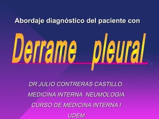 Abordaje diagnóstico del paciente conAbordaje diagnóstico del paciente con
DR JULIO CONTRERAS CASTILLO.DR JULIO CONTRERAS CASTILLO.
MEDICINA INTERNA NEUMOLOGIAMEDICINA INTERNA NEUMOLOGIA
CURSO DE MEDICINA INTERNA ICURSO DE MEDICINA INTERNA I
UDEMUDEM
 