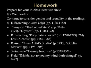 Prepare for your in-class literature circle
For Wednesday:
Continue to consider gender and sexuality in the readings:
 E. Browning Aurora Leigh (pp. 1138-1152)
 Tennyson “The Lotos-Eaters” (pp. 1166-
1170), “Ulysses” (pp. 1170-1172)
 R. Browning “Porphyria’s Lover” (pp. 1278-1279), “My
Last Duchess” (pp. 1282-1283)
 Rossetti “In an Artist’s Studio” (p. 1493), “Goblin
Market” (pp. 1496-1508)
 Swinburne “Hermaphroditus” (p.1530-1531)
 Field “[Maids, not to you my mind doth change]” (p.
1672)
 