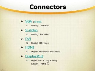 Connectors
 VGA (D-sub)
 Analog. Common
 S-Video
 Analog. SD video
 DVI
 Digital. HD video
 HDMI
 Digital. HD video and audio
 DisplayPort
 High/Cross Compatibility.
Latest Trend 
 