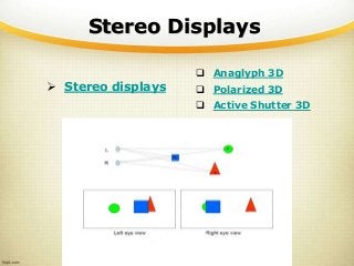 Stereo Displays
 Stereo displays
 Anaglyph 3D
 Polarized 3D
 Active Shutter 3D
 