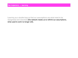 the trajectory — learning

Learning as a double loop so that our assumptions are what need to be
recognised and reworked (the network needs us to rethink our assumptions,
what used to work no longer will).

 