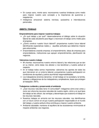 • En cuerpo sano, mente sana: reconocemos nuestras fortalezas como medio
para mejorar nuestro auto concepto y la importancia de querernos y
respetarnos.
• Inteligencia emocional: sistema nervioso, autoestima e interrelaciones
personales.

ÁMBITO: TRABAJO
Emprendimiento para mejorar nuestros trabajos
• ¿En qué trabajo y por qué?: desencadenamos el diálogo sobre la situación
laboral de cada estudiante para llegar a reconocer el trabajo como medio para
el progreso.
• ¿Cómo construir nuestro futuro laboral?: proyectamos nuestro futuro laboral
identificando expectativas reales y aquellas actitudes que debemos mejorar
para alcanzarlas.
• Emprendedores creando empresa: el emprendimiento, ideas de empresa para
emprendedores, instituciones que apoyan emprendimientos, planificación de
negocios.
Valoremos nuestro trabajo
• Mi chamba: reconocemos nuestro entorno laboral y las relaciones que se dan
en su interior, cómo éstas nos afectan o nos benefician y nuestra actitud al
respecto.
• En el trabajo todos somos importantes: valoramos los aportes de todos los
que intervienen en un entorno laboral y proyectamos nuestra participación en
condiciones de equidad y justicia asumiendo responsabilidades.
• Los trabajadores tenemos derechos: rol del trabajo en la sociedad y la familia,
deberes y obligaciones de los trabajadores y empleadores, leyes que protegen
al trabajador, NATs.
Trabajamos cuidando y preservando el ambiente
• ¿Qué recursos naturales tiene mi comunidad?: indagamos cómo eran antes y
como son ahora los recursos naturales de nuestra región, cómo y en qué tipos
de trabajo se les utilizan, las ventajas y desventajas que ocasiona el trabajo en
los recursos naturales.
• Nuestros trabajos en armonía con los recursos naturales: nos identificamos
con un futuro común en el que nuestra participación responsable en el mundo
del trabajo y nuestra actitud crítica contribuya a mejorar nuestro ambiente.
• Ambiente saludable: mantener el equilibrio de los ecosistemas minimizando el
impacto ambiental, eco negocios.

 