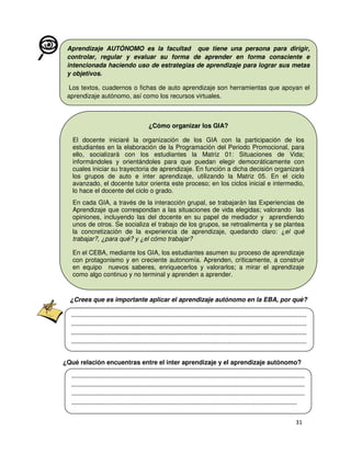 Aprendizaje AUTÓNOMO es la facultad que tiene una persona para dirigir,
controlar, regular y evaluar su forma de aprender en forma consciente e
intencionada haciendo uso de estrategias de aprendizaje para lograr sus metas
y objetivos.
Los textos, cuadernos o fichas de auto aprendizaje son herramientas que apoyan el
aprendizaje autónomo, así como los recursos virtuales.

¿Cómo organizar los GIA?
El docente iniciaré la organización de los GIA con la participación de los
estudiantes en la elaboración de la Programación del Periodo Promocional, para
ello, socializará con los estudiantes la Matriz 01: Situaciones de Vida;
informándoles y orientándoles para que puedan elegir democráticamente con
cuales iniciar su trayectoria de aprendizaje. En función a dicha decisión organizará
los grupos de auto e inter aprendizaje, utilizando la Matriz 05. En el ciclo
avanzado, el docente tutor orienta este proceso; en los ciclos inicial e intermedio,
lo hace el docente del ciclo o grado.
En cada GIA, a través de la interacción grupal, se trabajarán las Experiencias de
Aprendizaje que correspondan a las situaciones de vida elegidas; valorando las
opiniones, incluyendo las del docente en su papel de mediador y aprendiendo
unos de otros. Se socializa el trabajo de los grupos, se retroalimenta y se plantea
la concretización de la experiencia de aprendizaje, quedando claro: ¿el qué
trabajar?, ¿para qué? y ¿el cómo trabajar?
En el CEBA, mediante los GIA, los estudiantes asumen su proceso de aprendizaje
con protagonismo y en creciente autonomía. Aprenden, críticamente, a construir
en equipo nuevos saberes, enriquecerlos y valorarlos; a mirar el aprendizaje
como algo continuo y no terminal y aprenden a aprender.

¿Crees que es importante aplicar el aprendizaje autónomo en la EBA, por qué?

¿Qué relación encuentras entre el inter aprendizaje y el aprendizaje autónomo?

 
