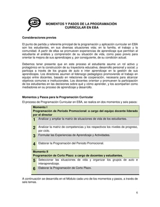 MOMENTOS Y PASOS DE LA PROGRAMACIÓN
CURRICULAR EN EBA
Consideraciones previas
El punto de partida y referente principal de la programación y aplicación curricular en EBA
son los estudiantes, en sus diversas situaciones vida; en la familia, el trabajo y la
comunidad. A partir de ellas se promueven experiencias de aprendizaje que permitan al
estudiante el análisis y comprensión de su situación de vida, como paso previo para
orientar la mejora de sus aprendizajes y, por consiguiente, de su condición actual.
Debemos tener presente que en este proceso el estudiante asume un rol activo y
protagónico en la construcción de su trayectoria educativa, desarrollo personal y social; y
participa a través de los grupos de auto e inter aprendizaje en la gestión de sus
aprendizajes. Los directores asumen el liderazgo pedagógico promoviendo el trabajo en
equipo entre docentes, basado en relaciones de cooperación, necesaria para alcanzar
objetivos comunes e institucionales. Los docentes orientan y promueven la participación
de los estudiantes en las decisiones sobre qué y cómo aprender, y los acompañan como
mediadores en su proceso de aprendizaje y desarrollo.
Momentos y Pasos para la Programación Curricular
El proceso de Programación Curricular en EBA, se realiza en dos momentos y seis pasos:
Momento I
Programación de Período Promocional: a cargo del equipo docente liderado
por el director
1 Analizar y ampliar la matriz de situaciones de vida de los estudiantes.

2
3
4

Analizar la matriz de competencias y los respectivos los niveles de progreso,
por ciclo.
Formular las Experiencias de Aprendizaje y Actividades.
Elaborar la Programación del Periodo Promocional.

Momento II
Programación de Corto Plazo: a cargo de docentes y estudiantes.
5 Seleccionar las situaciones de vida y organizar los grupos de auto e
interaprendizaje.
6 Elaborar la Programación de Corto Plazo.
A continuación se desarrolla en el Módulo cada uno de los momentos y pasos, a través de
seis temas.

 