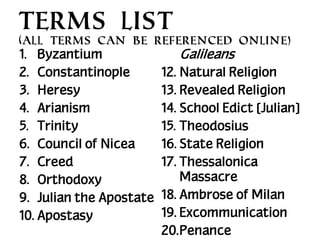TERMS LIST
(All terms can be referenced online)

1. Byzantium
2. Constantinople
3. Heresy
4. Arianism
5. Trinity
6. Council of Nicea
7. Creed
8. Orthodoxy
9. Julian the Apostate
10. Apostasy

Galileans
12. Natural Religion
13. Revealed Religion
14. School Edict [Julian]
15. Theodosius
16. State Religion
17. Thessalonica
Massacre
18. Ambrose of Milan
19. Excommunication
20.Penance

 