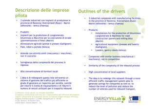 Descrizione delle imprese
pilota

Outlines of the drivers
•

3 industrial companies with manufacturing facilities
in the province of Ravenna: Kvernerland (Russi) Marini (Alfonsine) - Iemca (Faenza)

•

Products:
•
Installations for the production of bituminous
conglomerate & Machines for road
construction (pavers and milling bits)
(Marini)
•
Agricultural equipment (presses and balers)
(Gallignani)
•
Loaders, gantry robots (Iemca)

Aziende con attività simili (meccanica / macchine),
non in concorso

•

Companies with similar business (mechanical /
machinery), not in competition

Somiglianza della complessità del processo in
ingresso

•

Similarity of the complexity of the inbound process

•

Alta concentrazione di fornitori locali

•

High concentration of local suppliers

•

L'idea è di ridisegnare questa rete attraverso un
sistema di gestione del traffico più efficiente in
grado di generare un risparmio per società, nonché
per ridurre il livello di inquinamento e di ridurre il
numero di veicoli utilizzati per il trasporto inbound.

•

The idea is to redesign this network through a more
efficient traffic management system able to
generate savings for companies as well as to
reduce the level of pollution and reduce the
number of vehicles used for inbound transport.

•

3 aziende industriali con impianti di produzione in
provincia di Ravenna: Kvernerland (Russi) - Marini
(Alfonsine) - Iemca (Faenza)

•
•

Prodotti:
Impianti per la produzione di conglomerato
bituminoso e Macchine per la costruzione di strade
(pavimentazione e frese) (Marini)
Attrezzature agricole (presse e presse) (Gallignani)
Pale, robot a portale (Iemca)

•
•
•

•

Conferenza: Living Lab per uno sviluppo sostenibile
La logistica collaborativa come leva per il miglioramento dell’efficienza dei trasporti
Logistic collaboration as a potential solution to improve freight transport efficiency
Progetto Standard bando n. 2/2009: EnergyViLLab rif. CB118
CCIAA Venezia, 24 Ottobre 2013
Andrea Bardi, Daniela Mignani – ITL

 