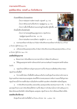รายงานประจาปี ๒๕๕๖
ศูนย์พัฒนาสังคม หน่วยที่ ๑๒ จังหวัดเชียงราย
ตาบลเจดีย์หลวง อาเภอแม่สรวย
-โครงการต่อยอดการผลิตการทอผ้า กลุ่มสตรี ๒๐ ราย
-โครงการฝึกอบรมทาเครื่องจักสาร กลุ่มผู้สูงอายุ ๒๐ ราย
-โครงการเลี้ยงไก่พ้ืนเมืองตามแนวเศรษฐกิจพอเพียง ผูติดเชือ ๑๙ ราย
้ ้
ตาบลโรงช้าง อาเภอป่าแดด
-โครงการถ่ายทอดภูมปัญญาสู่บุตรหลาน (กลุ่มจักสาน)
ิ
กลุ่มผู้สูงอายุและเด็กเยาวชน ๕๐ ราย
-โครงการส่งเสริมการเพาะเห็ดฟาง กลุ่มผู้พิการ ๔๐ ราย
๓. ทบทวนบทเรียนการดาเนินงาน ดาเนินการจัดเวทีทบทวนบทเรียนการดาเนินงาน ๗ ตาบล
๗ อาเภอ ผูเข้าร่วม ๒๑๐ ราย
้
๔. เวทีถอดบทเรียนและสรุปบทเรียน ดาเนินการจัดเวทีทบทวนบทเรียนและสรุปบทเรียน ๗ ตาบล
๗ อาเภอ ผูเข้าร่วม ๒๑๐ ราย
้

ผลลัพธ์เชิงคุณภาพ
๑. มีคณะกรรมการขับเคลื่อนกระบวนงานตามโครงการพัฒนาตาบลต้นแบบฯ
๒. ได้ขอมูลและยุทธศาสตร์ทางสังคมระดับตาบลตามเกณฑ์และกาหนดยุทธศาสตร์ด้านสังคม
้
ร่วมกัน
๓. กลุ่มเป้าหมายได้รับทราบปัญหาและแนวทางแก้ไข เกิดแผนงานเพื่อพัฒนาศักยภาพของ
กลุ่มเป้าหมายในพืนที่
้
๔. กิจกรรมที่ดาเนินการในพื้นที่ตาบลต้นแบบเป็นกิจกรรมที่กลุ่มเป้าหมายวิเคราะห์จากสภาพ
ปัญหาและศักยภาพของตนเองและชุมชน ส่งผลให้กิจกรรมตอบสนองความต้องการและแก้ไขปัญหาของ
กลุ่มเป้าหมายได้ กิจกรรมที่ดาเนินการเป็นเป็นกิจกรรมที่สร้างแนวคิดการจัดสวัสดิการสังคมในชุมชน
๕. การจัดเวทีทบทวนบทเรียน ถอดบทเรียน และสรุปบทเรียน ของคณะกรรมการ ทีม B ทีม C
และกลุ่มเป้าหมาย ผลการจัดเวทีสงผลให้เกิดการแก้ไข พัฒนาการดาเนินงานโครงการตาบลต้นแบบการ
่
พัฒนาสังคมและจัดสวัสดิการสังคมในชุมชน และชุมชน กลุ่มเป้าหมาย เกิดการพึ่งตนเองได้อย่างยั่งยืน

ผลผลิต(เชิงปริมาณ)
มีกลุ่มเป้าหมายเข้าร่วมในพืนที่ ๗ ตาบล ๗ อาเภอ รวม ๑,๕๔๑ ราย
้

 