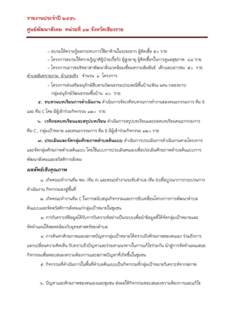 รายงานประจาปี ๒๕๕๖
ศูนย์พัฒนาสังคม หน่วยที่ ๑๒ จังหวัดเชียงราย
- อบรมให้ความรูผลกระทบการใช้ยาต้านในระยะยาว ผู้ตดเชื้อ ๕๐ ราย
้
ิ
- โครงการอบรมให้ความรูญาติผป่วยเรือรัง ผูสูงอายุ ผูติดเชือฯในการดูแลสุขภาพ ๘๔ ราย
้
ู้
้
้
้ ้
- โครงการเยาวชนจิตอาสาพัฒนาสิ่งแวึϸ้อมเชื่อมความสัมพันธ์ เด็กและเยาวชน ๕๐ ราย
ตาบลสันทรายงาม อาเภอเทิง จานวน ๑ โครงการ
- โครงการส่งเสริมอนุรักษ์สบสานวัฒนธรรมประเพณีพ้ืนบ้าน(พิณ แคน กลองยาว)
ื
กลุ่มอนุรักษ์วัฒนธรรมพื้นบ้าน ๓๐ ราย
๕. ทบทวนบทเรียนการดาเนินงาน ดาเนินการจัดเวทีทบทวนการทางานของคณะกรรมการ ทีม B
และ ทีม C โดย มีผู้เข้าร่วมกิจกรรม ๑๒๐ ราย
๖. เวทีถอดบทเรียนและสรุปบทเรียน ดาเนินการสรุปบทเรียนและถอดบทเรียนคณะกรรมการ
ทีม C , กลุ่มเป้าหมาย และคณะกรรมการ ทีม B มีผู้เข้าร่วมกิจกรรม ๑๒๐ ราย
๗. ประเมินและจัดกลุ่มศักยภาพตาบลต้นแบบ ดาเนินการประเมินการดาเนินงานตามโครงการ
และจัดกลุ่มศักยภาพตาบลต้นแบบ โดยใช้แบบการประเมินตนเองเพื่อประเมินศักยภาพตาบลต้นแบบการ
พัฒนาสังคมและสวัสดิการสังคม

ผลลัพธ์เชิงคุณภาพ
๑. เกิดคณะทางานทีม พม. (ทีม A) และคณะทางานระดับตาบล (ทีม B)เพื่อบูรณาการกระบวนการ
ดาเนินงาน กิจกรรมลงสู่พ้ืนที่
๒. เกิดคณะทางานทีม C ในการสนับสนุนกิจกรรมและการขับเคลื่อนโครงการการพัฒนาตาบล
ต้นแบบและจัดสวัสดิการสังคมแก่กลุ่มเป้าหมายในชุมชน
๓. การวิเคราะห์ข้อมูลได้รับการวิเคราะห์อย่างเป็นระบบเพื่อนาข้อมูลที่ได้จัดกลุ่มเป้าหมายและ
จัดทาแผนให้สอดคล้องกับยุทธศาสตร์ของตาบล
๔. การค้นหาศักยภาพและสภาพปัญหากลุ่มเป้าหมายได้ทราบถึงศักยภาพของตนเอง ร่วมถึงการ
แลกเปลี่ยนความคิดเห็น รับทราบถึงปัญหาและร่วมหาแนวทางในการแก้ไขร่วมกัน นาสู่การจัดทาแผนเสนอ
กิจกรรมเพื่อตอบสนองความต้องการและสภาพปัญหาที่เกิดขึนในชุมชน
้
๕. กิจกรรมที่ดาเนินการในพื้นที่ตาบลต้นแบบเป็นกิจกรรมที่กลุ่มเป้าหมายวิเคราะห์จากสภาพ
๖. ปัญหาและศักยภาพของตนเองและชุมชน ส่งผลให้กิจกรรมตอบสนองความต้องการและแก้ไข

 