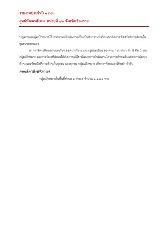 รายงานประจาปี ๒๕๕๖
ศูนย์พัฒนาสังคม หน่วยที่ ๑๒ จังหวัดเชียงราย
ปัญหาของกลุ่มเป้าหมายได้ กิจกรรมที่ดาเนินการเป็นเป็นกิจกรรมที่สร้างแนวคิดการจัดสวัสดิการสังคมใน
ชุมชนของตนเอง
๗. การจัดเวทีทบทวนบทเรียน ถอดบทเรียน และสรุปบทเรียน ของคณะกรรมการ ทีม B ทีม C และ
กลุ่มเป้าหมาย ผลการจัดเวทีสงผลให้เกิดการแก้ไข พัฒนาการดาเนินงานโครงการตาบลต้นแบบการพัฒนา
่
สังคมและจัดสวัสดิการสังคมในชุมชน และชุมชน กลุ่มเป้าหมาย เกิดการพึ่งตนเองได้อย่างยั่งยืน

ผลผลิต(เชิงปริมาณ)
กลุ่มเป้าหมายในพืนที่ตาบล ๖ ตาบล จานวน ๑,๑๗๑ ราย
้

 
