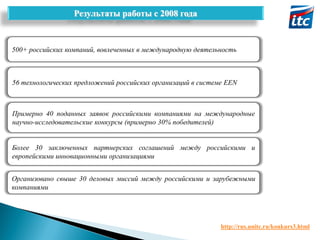 Результаты работы с 2008 года

500+ российских компаний, вовлеченных в международную деятельность

56 технологических предложений российских организаций в системе EEN

Примерно 40 поданных заявок российскими компаниями на международные
научно-исследовательские конкурсы (примерно 30% победителей)
Более 30 заключенных партнерских соглашений между российскими и
европейскими инновационными организациями

Организовано свыше 30 деловых миссий между российскими и зарубежными
компаниями

http://rus.unitc.ru/konkurs3.html

 