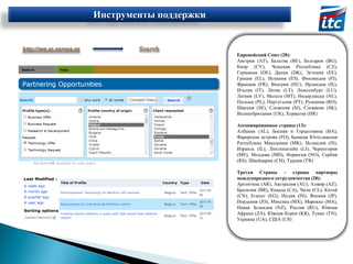 Инструменты поддержки

Европейский Союз (28):
Австрия (AT), Бельгия (BE), Болгария (BG),
Кипр (CY), Чешская Республика (CZ),
Германия (DE), Дания (DK), Эстония (EE),
Греция (EL), Испания (ES), Финляндия (FI),
Франция (FR), Венгрия (HU), Ирландия (IE),
Италия (IT), Литва (LT), Люксембург (LU),
Латвия (LV), Мальта (MT), Нидерланды (NL),
Польша (PL), Португалия (PT), Румыния (RO),
Швеция (SE), Словения (SI), Словакия (SK),
Великобритания (UK), Хорватия (HR)
Ассоциированные страны (13):
Албания (AL), Босния и Герцеговина (BA),
Фарерские острова (FO), Бывшая Югославская
Республика Македония (MK), Исландия (IS),
Израиль (IL), Лихтенштейн (LI), Черногория
(ME), Молдова (MD), Норвегия (NO), Сербия
(RS), Швейцария (CH), Турция (TR)
Третьи Страны – страны партнеры
международного сотрудничества (20):
Аргентина (AR), Австралия (AU), Алжир (AZ),
Бразилия (BR), Канада (CA), Чили (CL), Китай
(CN), Египет (EG), Индия (IN), Япония (JP),
Иордания (JO), Мексика (MX), Марокко (MA),
Новая Зеландия (NZ), Россия (RU), Южная
Африка (ZA), Южная Корея (KR), Тунис (TN),
Украина (UA), США (US)

 
