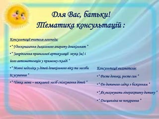 Для Вас, батьки!
Тематика консультацій :
Консультації вчителя-логопеда:
•― Удосконалення дихального апарату дошкільнят ‖
•― Закріплення правильної артикуляції звука [ш] і
його автоматизація у прямому складі ‖

•― Мовні недоліки у дітей дошкільного віку та засоби

Консультації вихователів:

їх усунення ‖

•― Росте донька, росте син ‖

•― Чітка мова – важливий засіб спілкування дітей ―

•― До дитячого садка з бажанням ‖
•― Як виховувати гіперактивну дитину ‖
•― Дисципліна не покарання ‖

 