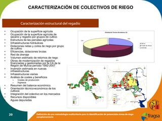 CARACTERIZACIÓN DE COLECTIVOS DE RIEGO

Caracterización estructural del regadío
•
•
•
•
•
•
•
•
•
•
•
•

Ocupación de la superficie agrícola
Ocupación de la superficie agrícola de
secano y regadío por grupos de cultivo
Estructura de las parcelas agrícolas
Infraestructuras hidráulicas
Dotaciones netas y ciclos de riego por grupo
de cultivo
Eficiencias, dotaciones brutas
Red de drenaje
Volumen estimado de retornos de riego
Obras de modernización de regadíos
financiadas y gestionadas por la CA de la
Región de Murcia período 1992-2007
Inversión estimada en nuevas
infraestructuras
Infraestructuras viarias
Análisis de costes y beneficios
–
–

•
•
•
•
•

Orientación Técnico Económica (%)

29,50
37,58

Cítricos
Frutales No Cítricos
Hortícolas

32,77

Costes de producción
Ingresos

Resumen del balance económico
Orientación técnico-económica de los
cultivos
Integración del colectivo en los mercados
Recursos disponibles
Aguas depuradas

20

Definición de una metodología multicriterio para la identificación de potenciales áreas de riego
complementario

 