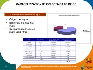 CARACTERIZACIÓN DE COLECTIVOS DE RIEGO

Caracterización del uso del agua

•
•
•

Requerimientos hídricos por grupo de cultivo

Origen del agua
Eficiencia del uso del
agua
Consumos teóricos de
agua para riego

0,3%
25,8%
Frutales
Hortícolas
Cultivos forrajeros
73,9%

Cultivo

Superficie (ha)

Frutales

257,55

Consumo de agua por grupo
de cultivo (m3/ha)
11.045,00

Necesidades Hídricas totales
por cultivo (m3)
2.844.639,75

Frutos secos

0

11.958,00

0,00

Hortícolas

73,36

13.509,00

991.020,24

Cereal grano

0

9.565,00

0,00

Tubérculos

0

15.372,00

0,00

Cultivos forrajeros

0,84

14.935,00

12.545,40

Viñedo mesa

0

10.247,00

0,00

Viñedo vino

0

8.593,00

0,00

Cultivos industriales

0,00

10.994,00

0,00

Totales

0,00
3.848.205

21

Definición de una metodología multicriterio para la identificación de potenciales áreas de riego
complementario

 