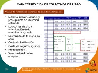 CARACTERIZACIÓN DE COLECTIVOS DE RIEGO
Análisis de rentabilidad plurianual de plan de modernización

•
•
•
•
•
•
•

23

Máximo subvencionable y
presupuesto de inversión
estimado
Los costes de uso y
amortización de la
maquinaria agrícola
Estimación de la mano de
obra
Coste de fertilización
Coste de seguros agrarios
Producciones
Valor residual de los
equipos

AÑO

INVERSION

MAQUINARIA

M.O.

AG+FER+TR
AT

SEG+CIRC

1.550.512
1
2
3
4
5
6
7
8
9
10
11
12
13
14
15
16
17
18
19
20
21
22
23
24
25
26
27
28
29
30

202.796
802.346
202.796
802.346
202.796
802.346
202.796
802.346
202.796
802.346
202.796
802.346
202.796
802.346
202.796
802.346
802.346
C. 202.796del promotor
Oport.
202.796
802.346
202.796
802.346
Datos del Préstamo: año 1
202.796
802.346
202.796
802.346
Tasa de interés 802.346
202.796
202.796
802.346
Periodo amortiz. (años)
202.796
802.346
202.796
802.346
Préstamo
202.796
802.346
202.796
802.346
202.796
802.346
Carencia
202.796
802.346
Hipotesis inflación
202.796
802.346
202.796
802.346
202.796
802.346
202.796
802.346
202.796
802.346
202.796
802.346
202.796
802.346
202.796
802.346
202.796
802.346

400.741
400.741
400.741
400.741
400.741
400.741
400.741
400.741
400.741
400.741
400.741
400.741
400.741
7,00%
400.741
400.741
20
400.741
400.741
1.085.358
400.741
400.741
400.741
2
400.741
1,00%
400.741
400.741
400.741
400.741
400.741
400.741
400.741
400.741
400.741

19.809
19.809
19.809
19.809
19.809
19.809
19.809
19.809
19.809
19.809
19.809
19.809
19.809
19.809
19.809
19.809
19.809
€
19.809
19.809
19.809
años
19.809
19.809
19.809
19.809
19.809
19.809
19.809
19.809
19.809
19.809

COSTFIN.

COSTE
TOTAL

1.550.512
1.425.692
74.478
1.500.170
73.741
1.499.433
98.453
1.524.145
97.478
1.523.170
96.513
1.522.205
95.557
1.521.249
94.611
1.520.303
93.674
1.519.366
6,00%
92.747
1.518.439
91.828
1.517.520
90.919
1.516.611
90.019
1.515.711
Resultados
89.128
1.514.820
88.245
1.513.937
102.450 anual
87.372 Pago
1.513.064
86.507
1.512.199
Pago
8.366 mensual
85.650
1.511.342
84.802
1.510.494
83.962 Interés
1.509.654 75.975 anual
1.425.692
Total Pago 1.695.683
1.425.692
1.425.692
1.425.692
1.425.692
1.425.692
1.425.692
1.425.692
1.425.692
1.425.692

Definición de una metodología multicriterio para la identificación de potenciales áreas de riego
complementario

 