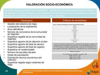 VALORACIÓN SOCIO-ECONÓMICA
Se evalúa la productividad de la explotación , atendiendo a la capacidad actual del colectivo
de generar una renta suficiente a sus titulares de la diversificación de la actividad económica
(Mejora de la calidad de vida de las zonas rurales y fomento)
Parámetros
•
•
•
•
•
•
•
•
•
•
•
•
•

Gestión del colectivo de riego.
Localización de la explotación
Zona altimétrica
Número de comuneros de la comunidad
de regantes
Superficie regable de la comunidad de
regantes
Superficie agraria útil de afección al plan
Superficie agraria útil total de secano
Superficie agraria útil total de regadío
Superficie no modernizable
Número de parcelas del plan
Grado de parcelación
Orientación técnico económica del
colectivo
Superficie regada según sistemas de
riego
25

Criterios de sensibilidad
Tabla 1: Relación de Municipios en Zonas Agrícolas Desfavorecidas
Abanilla
Albudeite
Bullas
Campos del Río
Cehegín
Fortuna
Jumilla
Mula
Pliego
Yecla
Caravaca de la Cruz
Moratalla
Lorca (Polígonos: agrícola útil de la explotación está 328 y 330-333)
1= Parte de la superficie1-35 y 38; 191-251; 257-299; 309; 319; 320-322;situada en alguna zona
desfavorecida, en la acepción de los artículos 18 a 20 del Reglamento (CE) nº
1257/1999 o bien, se encuentra calificada según el Decreto de 25 de abril de 1953
como regadíos tradicionales, legalizaciones y ampliaciones de la Vega del Segura.

0=Caso contrario

1= el número de comuneros es mayor a 300
0,75 = De 201 a 300
0,5= De 101 a 200
0,25= Menor de 100

Definición de una metodología multicriterio para la identificación de potenciales áreas de riego
complementario

 