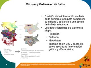 Revisión y Ordenación de Datos

•

•

Ejemplos:
Ráster MDT
Suelos
Curvas de nivel

4

Ejemplos:
Generación de mapas de direcciones
de drenaje y Espacios Naturales
Protegidos
Cruce de la capa de suelos con
pendientes

Revisión de la información recibida
de la primera etapa para comprobar
su calidad y su ajuste a una escala
de trabajo adecuada.
Los datos obtenidos de la primera
etapa:
– Procesan
– Ordenan
– Metadatan
– Integran en un SIG y bases de
datos asociadas (información
gráfica y alfanumérica)

Definición de una metodología multicriterio para la identificación de potenciales áreas de riego
complementario

 