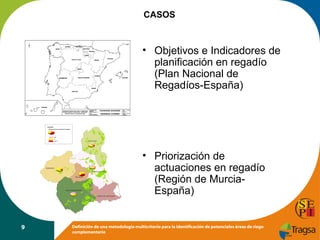 CASOS

• Objetivos e Indicadores de
planificación en regadío
(Plan Nacional de
Regadíos-España)

• Priorización de
actuaciones en regadío
(Región de MurciaEspaña)

9

Definición de una metodología multicriterio para la identificación de potenciales áreas de riego
complementario

 